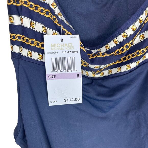 Michael Kors Halter One Piece Swimsuit - Chain Print Border Navy Size 6 NWT - Picture 6 of 16
